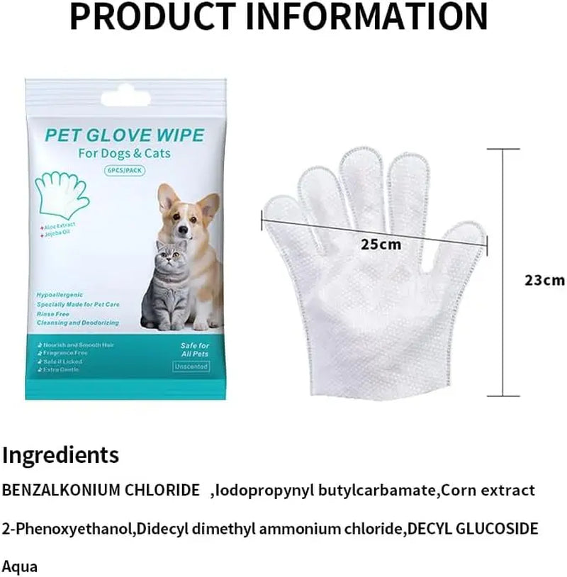 Pet Glove Wipes for Dogs Cats, Dog Cleaning Gloves, Dog Wipes Cleaning Deodorizing, Pet Wipes for Dogs Cats, Extra Thick, Unscented Rinse Free Nourish Fur Glove Wipes for Daily Care and Traveling-6Pcs