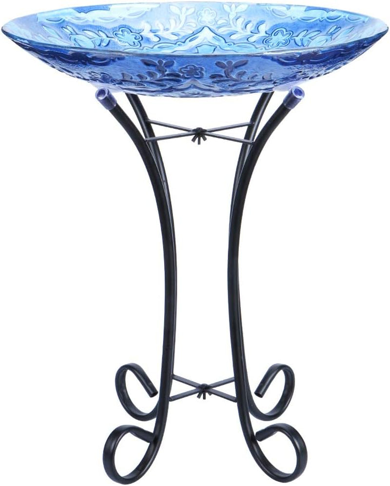 Outdoor Glass Bird Baths with Metal Stand for Lawn Yard Garden Decor | 18 Inch Diameter 21.65 Inch Height Outdoor Large Glass Bird Bath Bowl with Freestanding for Backyard Garden Decoration