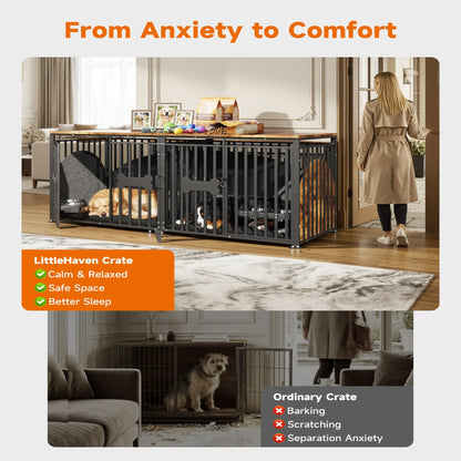 LITTLE HAVEN Heavy Duty Double Dog Crate TV Stand - Indestructible Wooden Indoor Pet House for Large Dogs with Calming Felt & Feeding Station