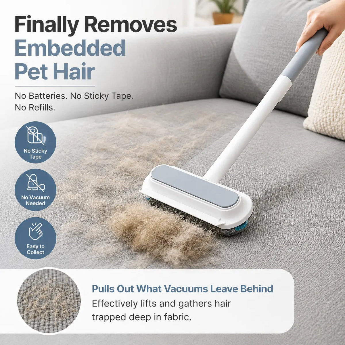 Revolutionary Manual Long-Handle Pet Hair Remover Brush - Effortlessly Clean Dog & Cat Hair from Any Fabric Surface!