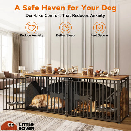 LITTLE HAVEN Heavy Duty Double Dog Crate TV Stand - Indestructible Wooden Indoor Pet House for Large Dogs with Calming Felt & Feeding Station