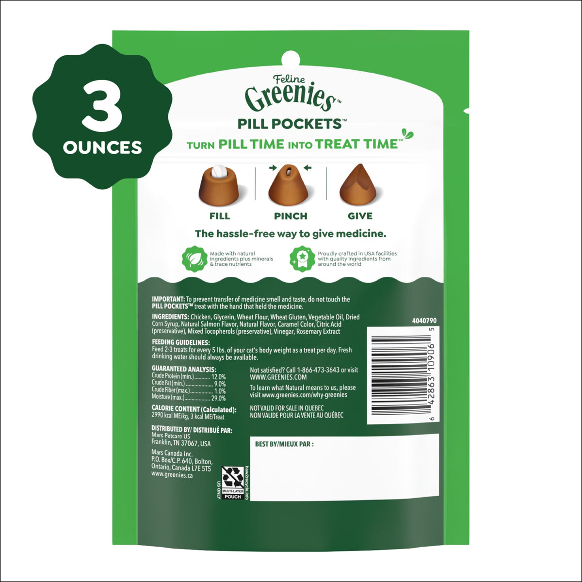 Feline Pill Pockets for Cats, Soft Cat Treats, Salmon Flavor, 3 Oz Pouch