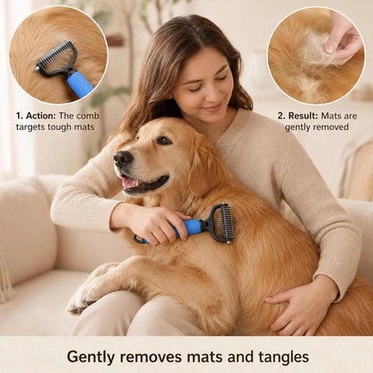Dual-Sides Stainless Steel Dematting Slicker Comb for Cats & Dogs, Undercoat Rake Grooming Tool for Thick/Long Hair, Dematt & Remove Tangles Knots Loose Fur, Reduces Shedding