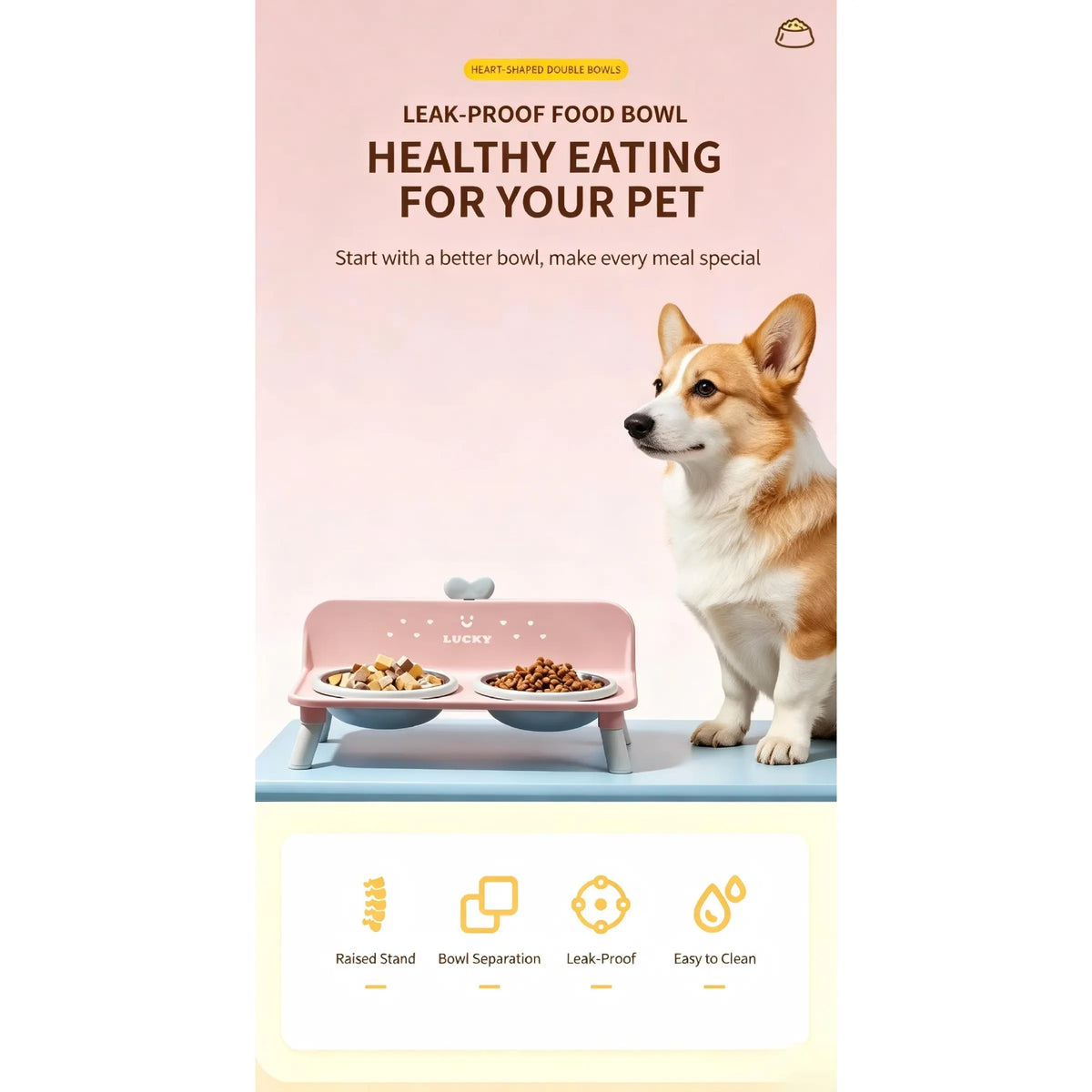 Macaron Color Heart-Shaped Elevated Pet Bowls, Anti-Spill Stainless Steel Food Bowl Set, Universal Cat Dog Feeding Bowl