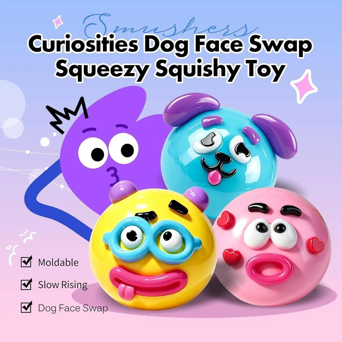 Smushers Squishy Dog Face Swap, Soft Moldable Cute Slow Rise, Relaxing Sensory Fidget Squishies Fidgets, Sensory Fidget Gift, Anxiety Stress Relief, Interchangeable Faces for Tactile Play