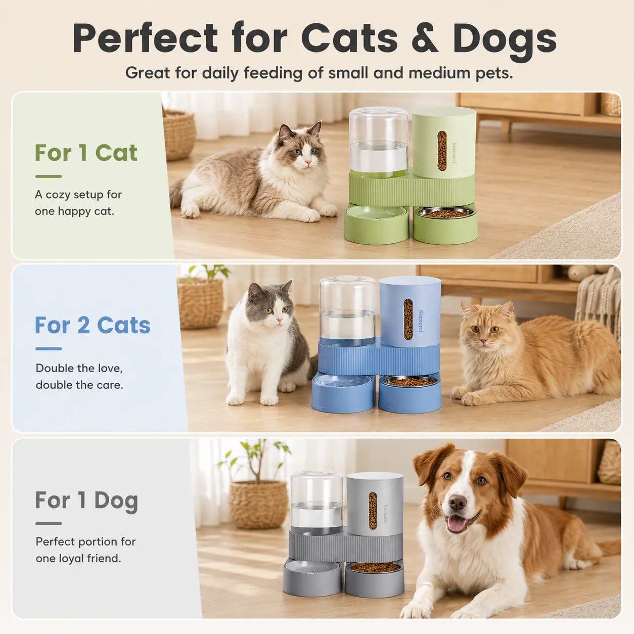 Kacoomi 2-Pack Gravity Food Feeders and Water Dispenser Set for Cats, Large-Capacity with Stainless Steel Bowl for Small Dogs