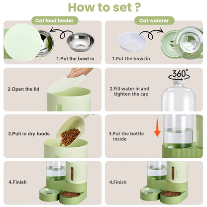Kacoomi 2-Pack Gravity Food Feeders and Water Dispenser Set for Cats, Large-Capacity with Stainless Steel Bowl for Small Dogs