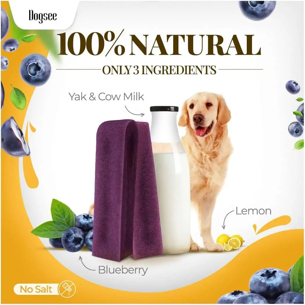 Dogsee Himalayan Yak Cheese Dental Treats - Natural Blueberry Flavor, Medium, 2 Count, 60% Protein, Gluten-Free, Fruit-Infused, Clean Teeth, Antioxidants, Immunity Boost, Grain & Rawhide-Free, All-Age Dog Treats