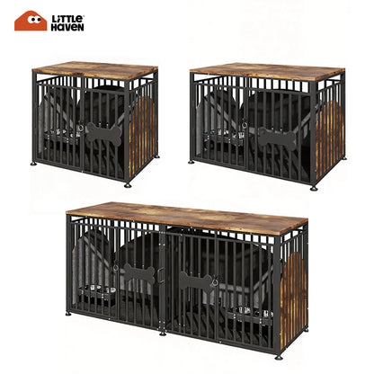 LITTLE HAVEN Heavy Duty Double Dog Crate TV Stand - Indestructible Wooden Indoor Pet House for Large Dogs with Calming Felt & Feeding Station