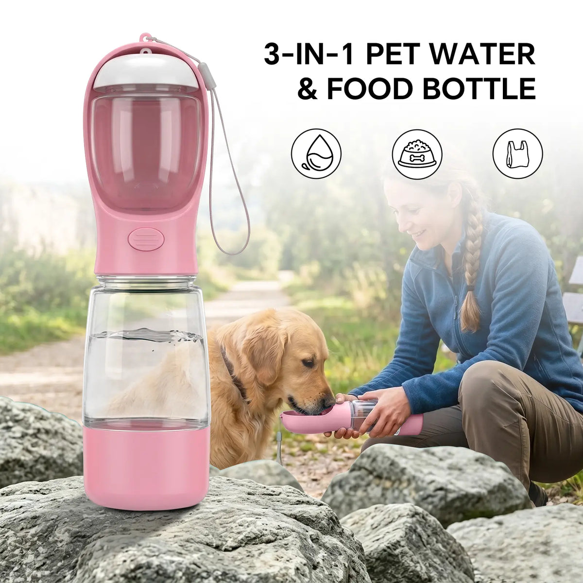 Portable 3-In-1 Dog Water Bottle, with 2 Rolls Waste Bags (30 Pcs Total), Food Container & Built-In Poop Bag Dispenser (29Cm X 7.5Cm/11.42In X 2.95In) - Leak-Proof Travel Dog Cup for Walking, Hiking, with 2 Rolls Waste Bags (30 Pcs Total)