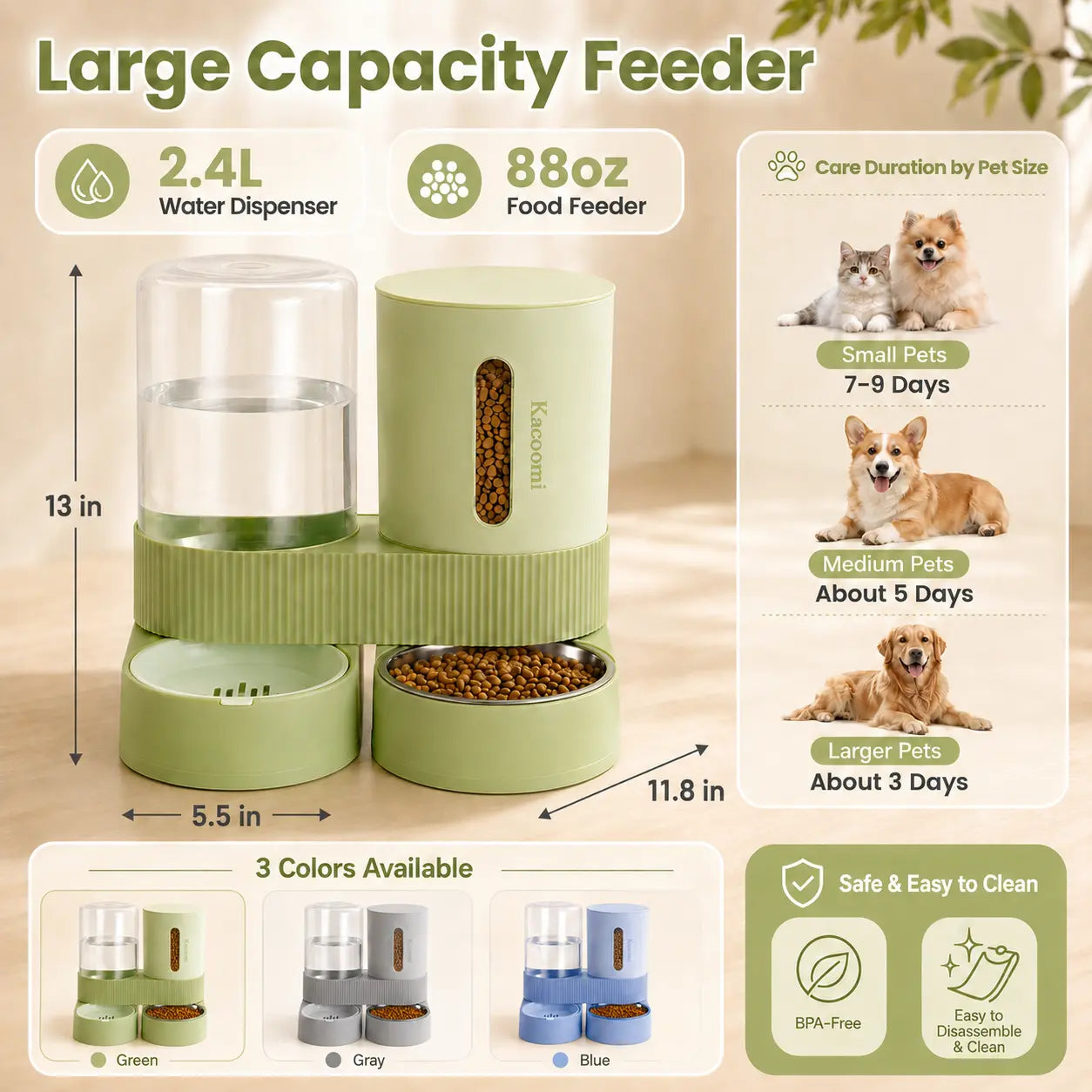 Kacoomi 2-Pack Gravity Food Feeders and Water Dispenser Set for Cats, Large-Capacity with Stainless Steel Bowl for Small Dogs