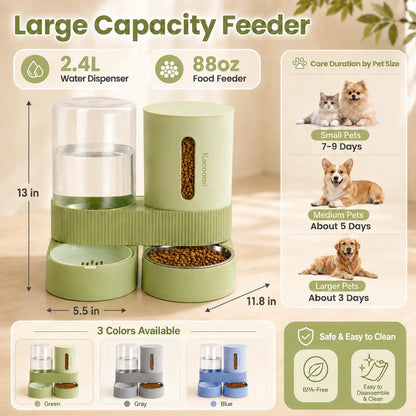 Kacoomi 2-Pack Gravity Food Feeders and Water Dispenser Set for Cats, Large-Capacity with Stainless Steel Bowl for Small Dogs