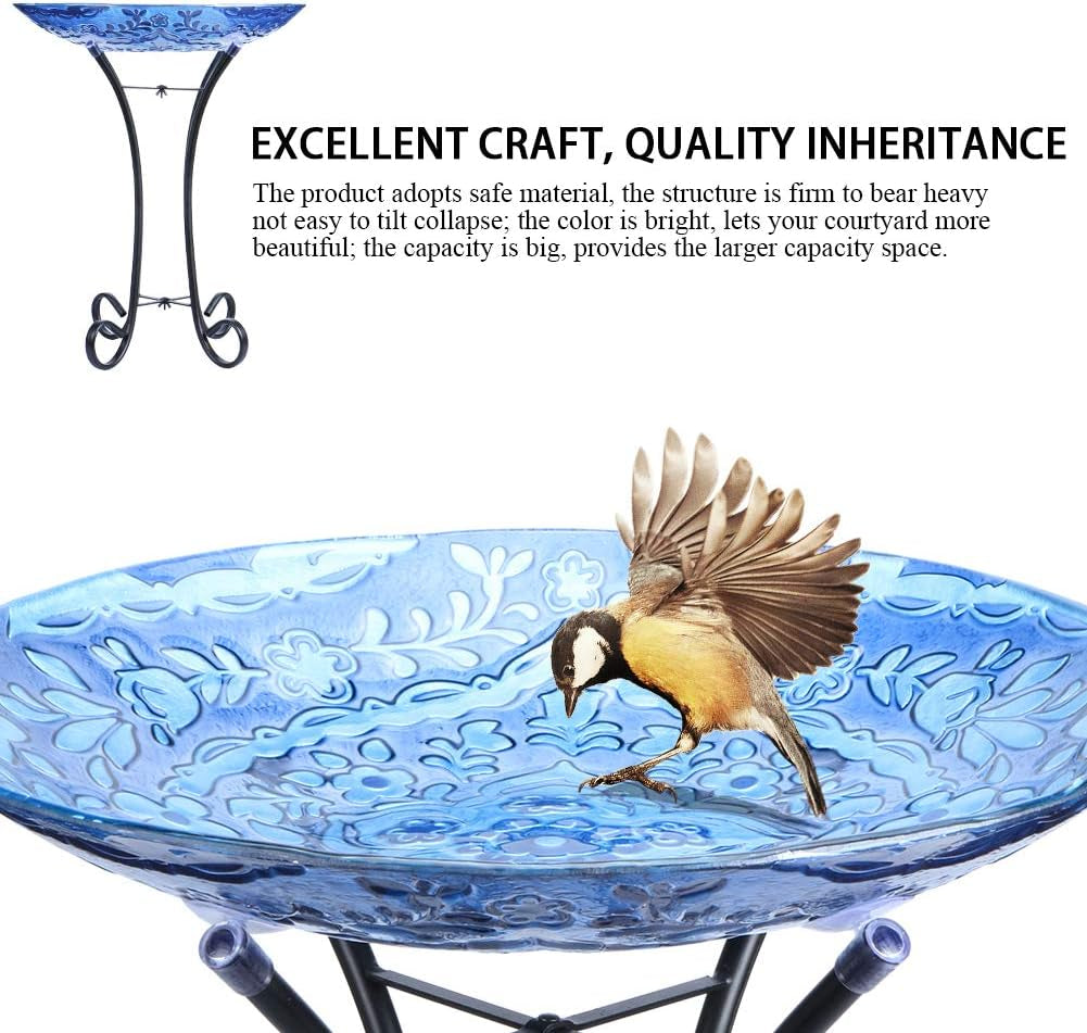 Outdoor Glass Bird Baths with Metal Stand for Lawn Yard Garden Decor | 18 Inch Diameter 21.65 Inch Height Outdoor Large Glass Bird Bath Bowl with Freestanding for Backyard Garden Decoration