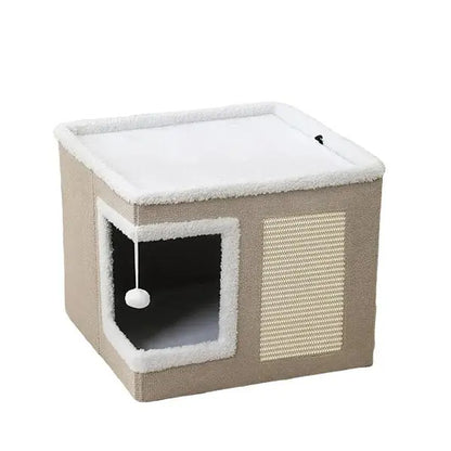 Large Cat Bed for Indoor Cats, Soft Foldable Cat Cave Hideaway for Kittens & Adult Cats with Sisal Scratch Pad & Hanging Fluffy Ball, 16.5"X16.5"X14", Grey