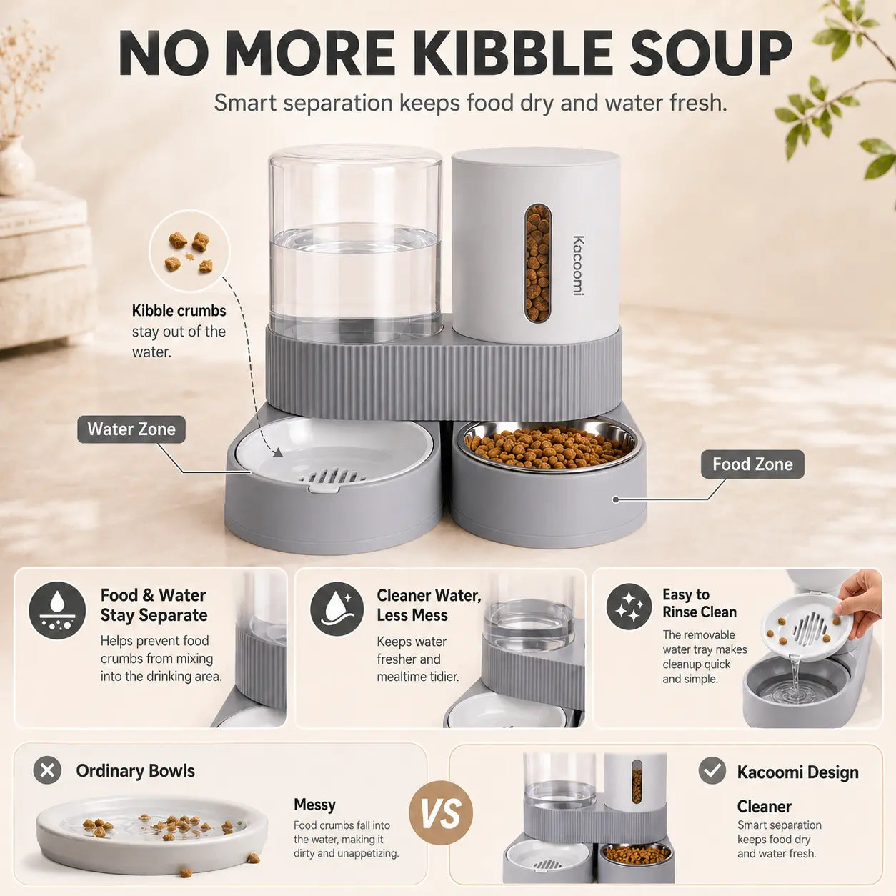 Kacoomi 2-Pack Gravity Food Feeders and Water Dispenser Set for Cats, Large-Capacity with Stainless Steel Bowl for Small Dogs