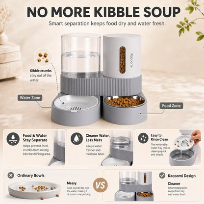 Kacoomi 2-Pack Gravity Food Feeders and Water Dispenser Set for Cats, Large-Capacity with Stainless Steel Bowl for Small Dogs