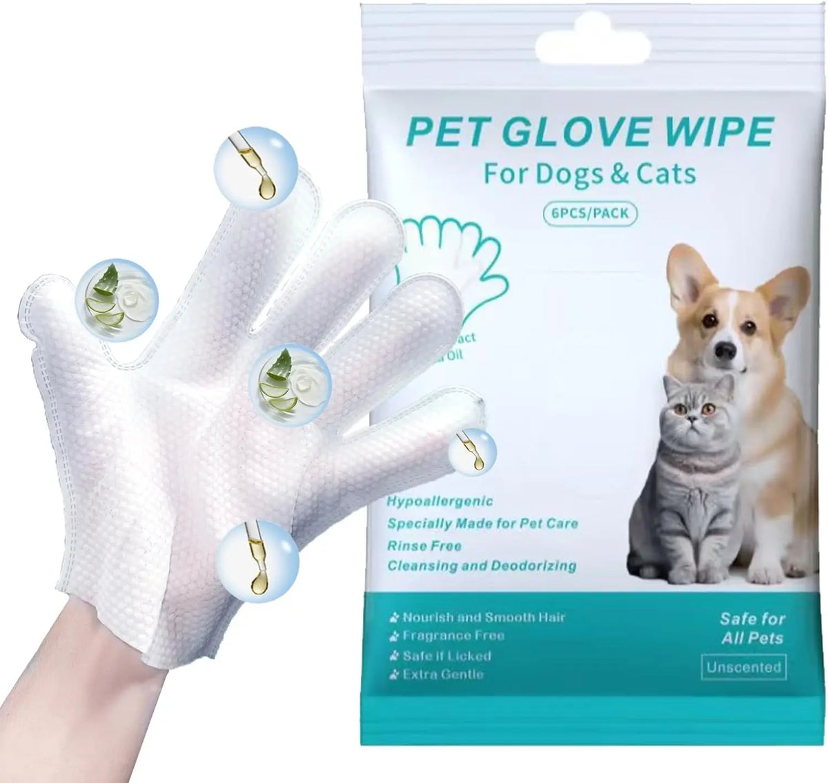 Pet Glove Wipes for Dogs Cats, Dog Cleaning Gloves, Dog Wipes Cleaning Deodorizing, Pet Wipes for Dogs Cats, Extra Thick, Unscented Rinse Free Nourish Fur Glove Wipes for Daily Care and Traveling-6Pcs