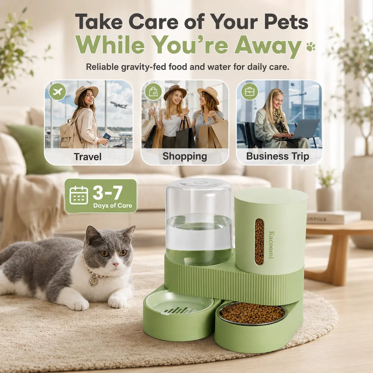 Kacoomi 2-Pack Gravity Food Feeders and Water Dispenser Set for Cats, Large-Capacity with Stainless Steel Bowl for Small Dogs