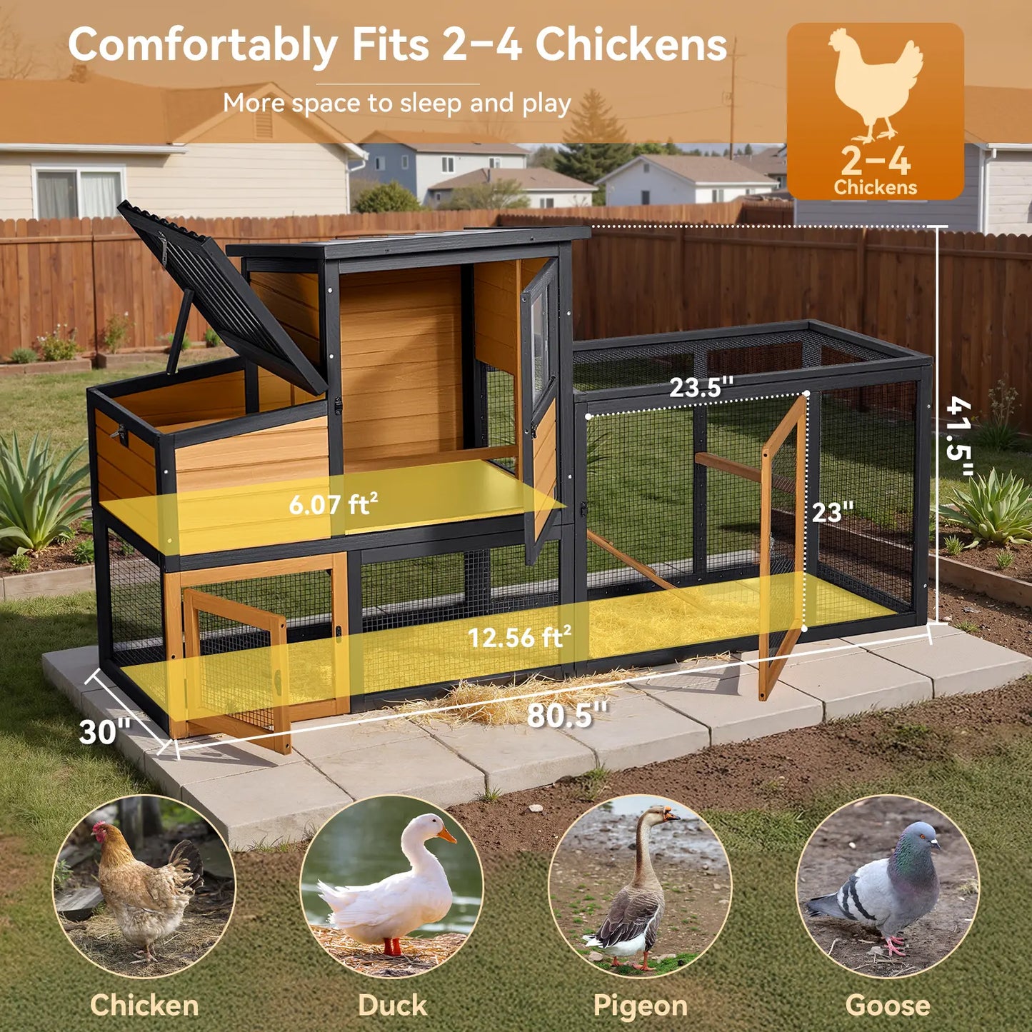 PETSFIT Wooden Chicken Coop for 2-4 Chickens, Backyard Coop with Run, 2 Nesting Boxes and 2 Roost Bars,Pvc Windows, Easy-Clean 3-Door Access,Weather-Resistant PVC Roof, 6 Ground Stakes