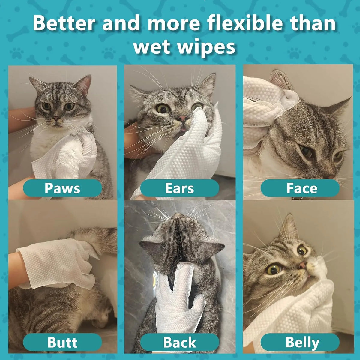 Pet Glove Wipes for Dogs Cats, Dog Cleaning Gloves, Dog Wipes Cleaning Deodorizing, Pet Wipes for Dogs Cats, Extra Thick, Unscented Rinse Free Nourish Fur Glove Wipes for Daily Care and Traveling-6Pcs