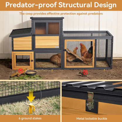 PETSFIT Wooden Chicken Coop for 2-4 Chickens, Backyard Coop with Run, 2 Nesting Boxes and 2 Roost Bars,Pvc Windows, Easy-Clean 3-Door Access,Weather-Resistant PVC Roof, 6 Ground Stakes