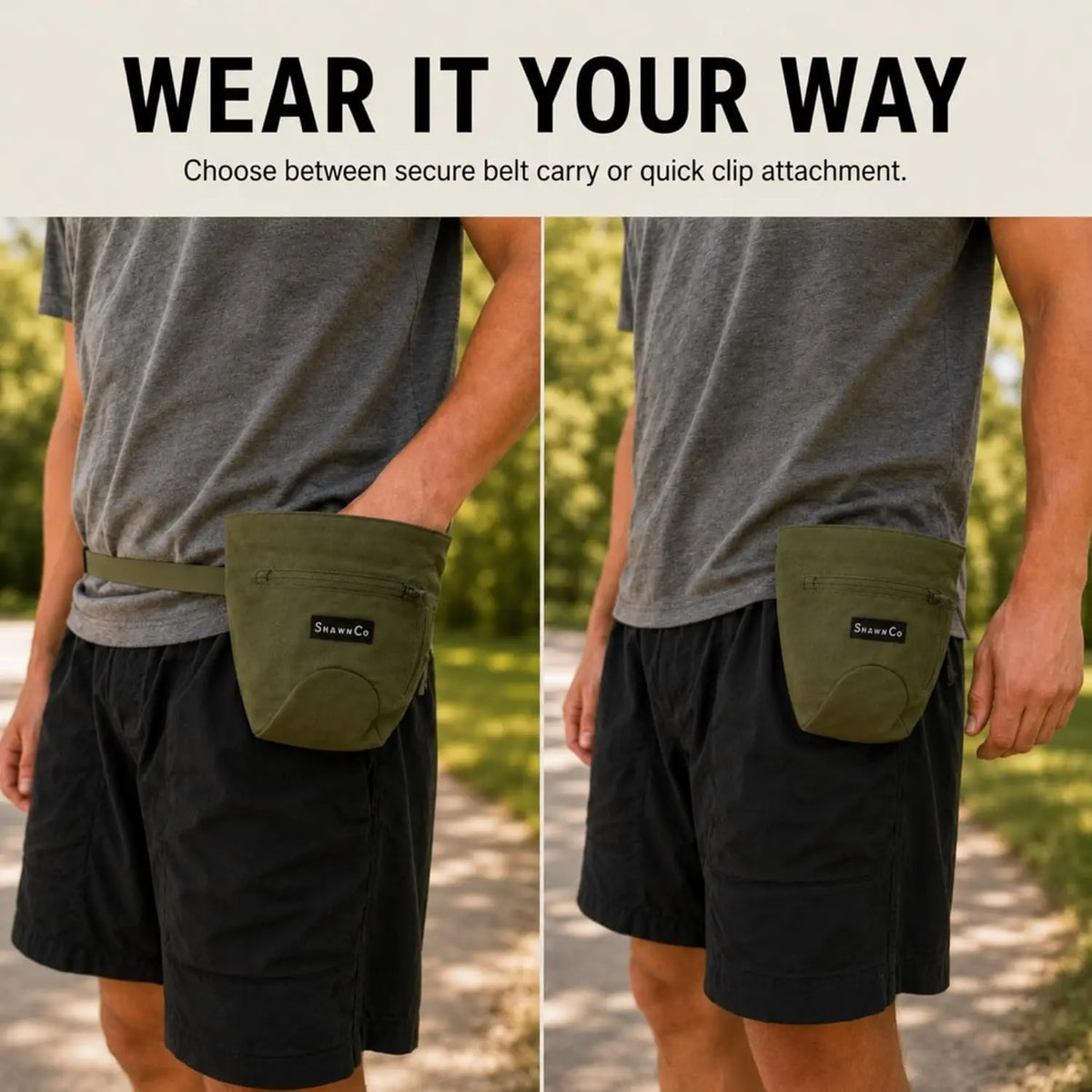 Shawnco Dog Treat Pouch - Essential Magnetic Closure Treat Bag for Hands-Free Training, Hiking & Hikes, Adjustable Waist Belt (Fits up to 52" Waist), Clip-On Option, Front Zippered Pocket (Driftwood)