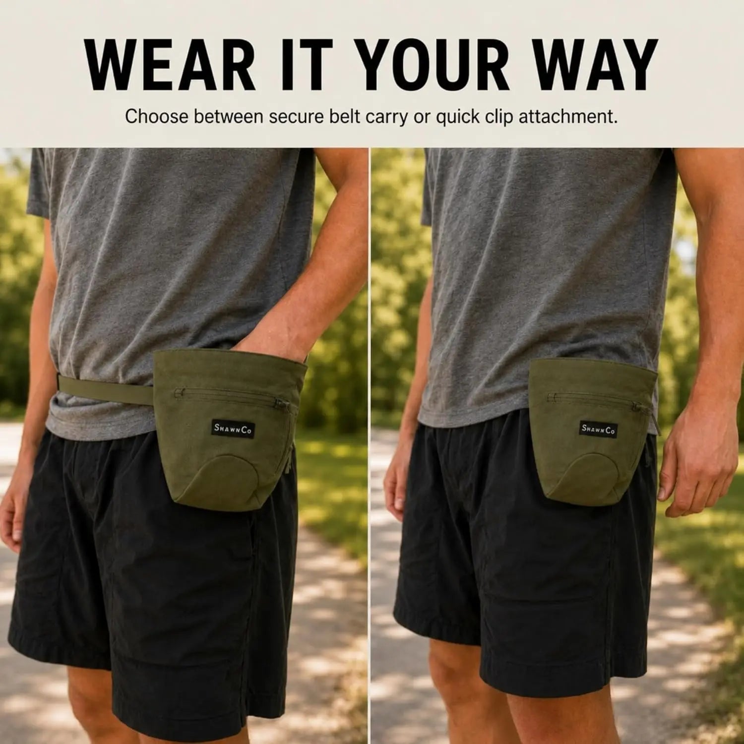 Shawnco Dog Treat Pouch - Essential Magnetic Closure Treat Bag for Hands-Free Training, Hiking & Hikes, Adjustable Waist Belt (Fits up to 52" Waist), Clip-On Option, Front Zippered Pocket (Driftwood)