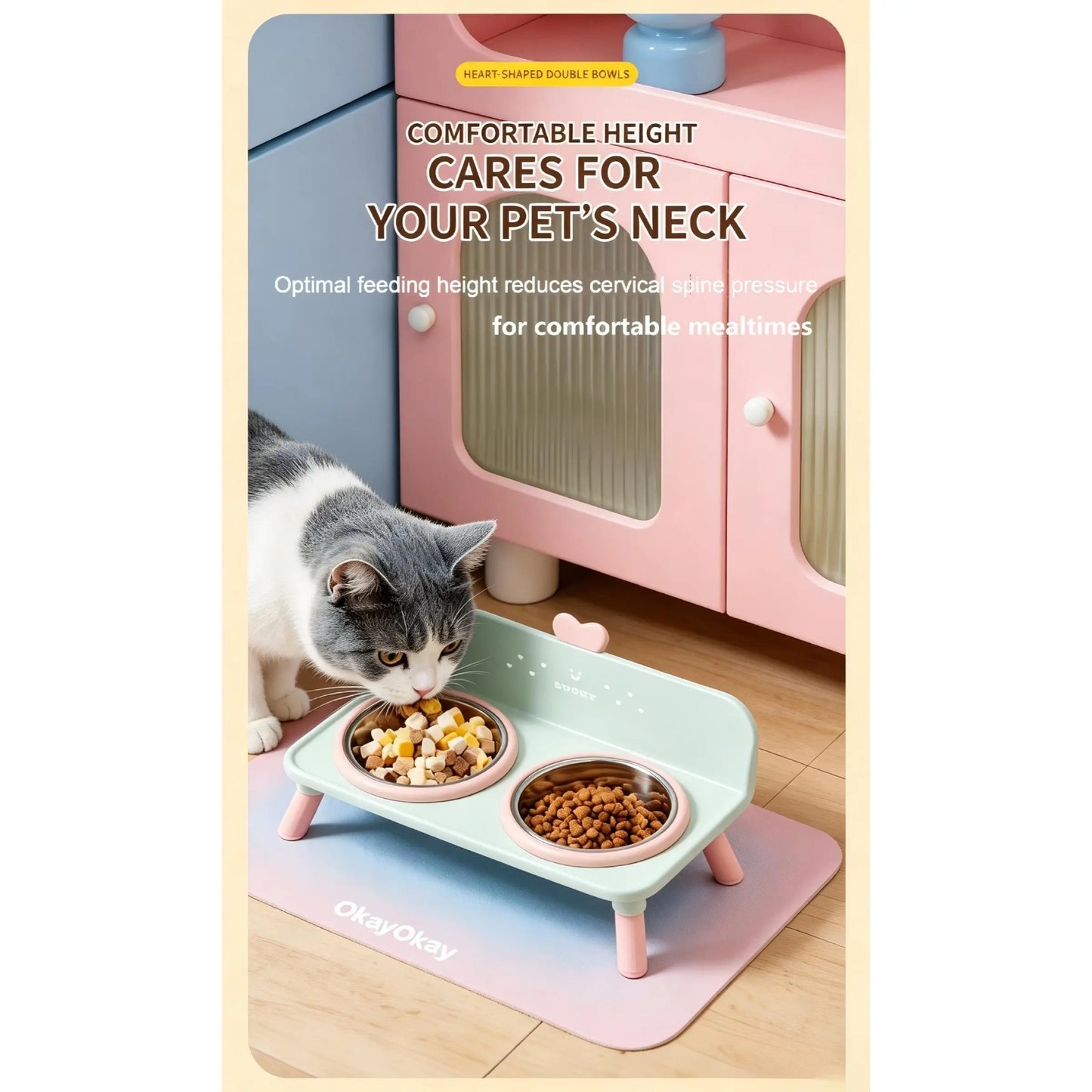 Macaron Color Heart-Shaped Elevated Pet Bowls, Anti-Spill Stainless Steel Food Bowl Set, Universal Cat Dog Feeding Bowl