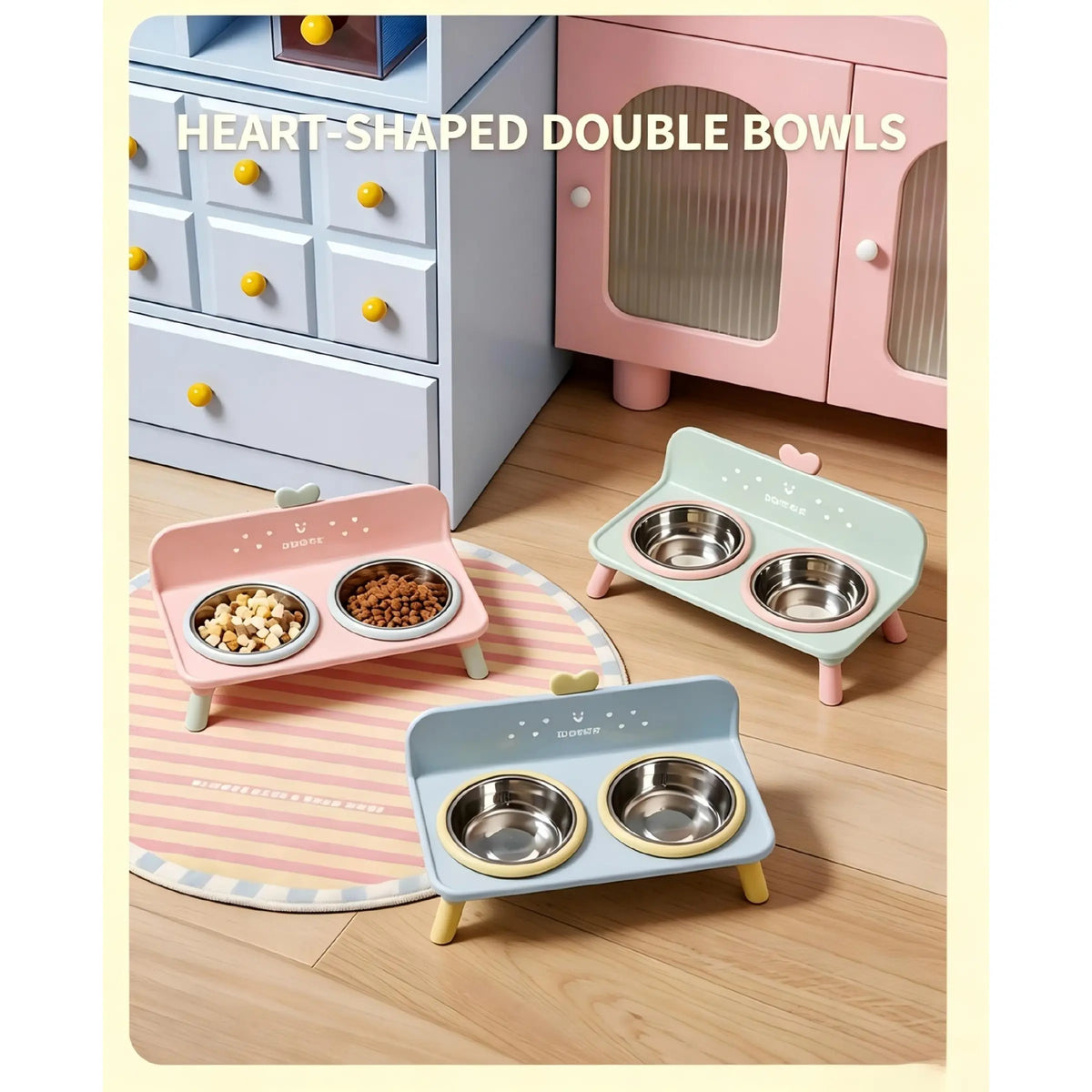 Macaron Color Heart-Shaped Elevated Pet Bowls, Anti-Spill Stainless Steel Food Bowl Set, Universal Cat Dog Feeding Bowl