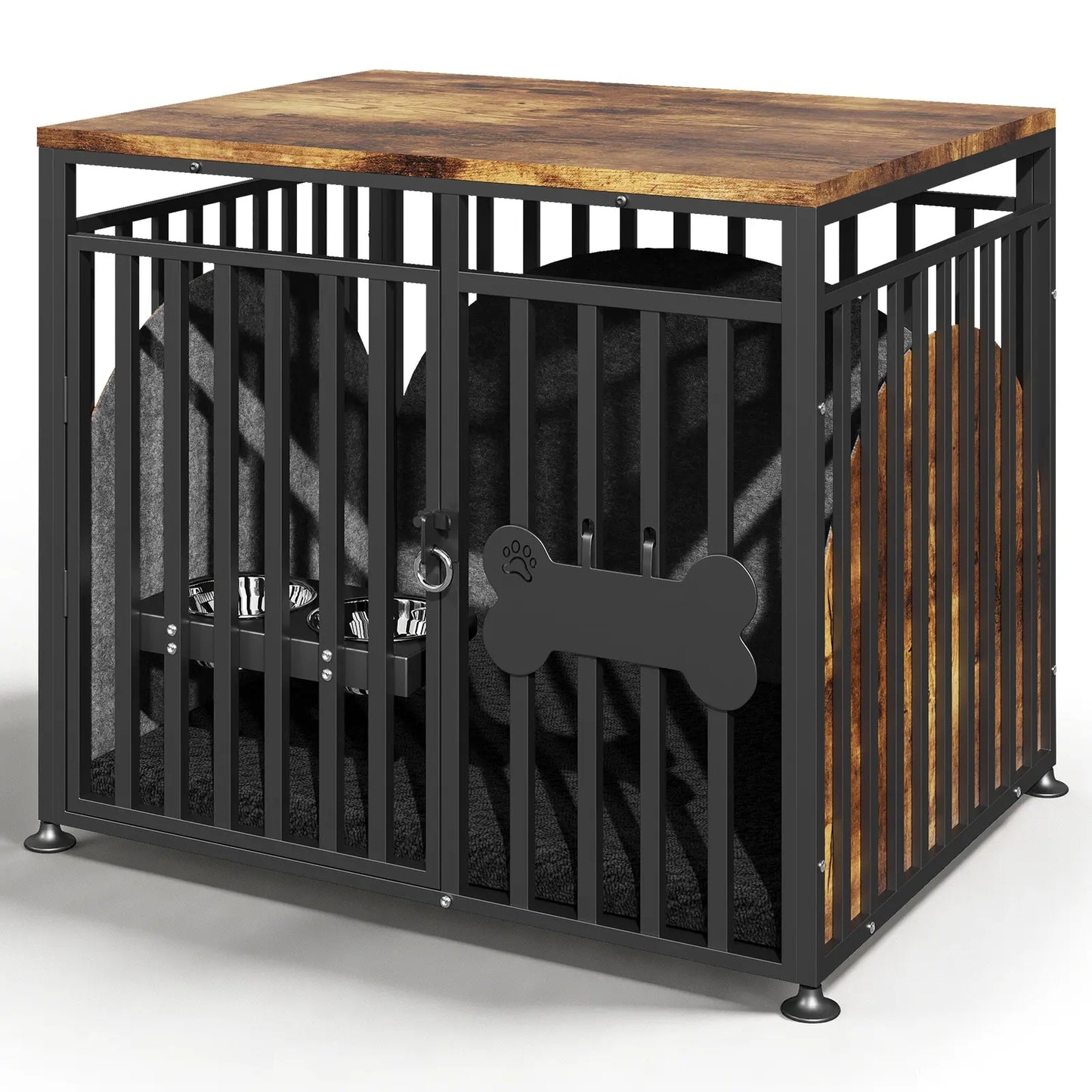 LITTLE HAVEN Heavy Duty Double Dog Crate TV Stand - Indestructible Wooden Indoor Pet House for Large Dogs with Calming Felt & Feeding Station