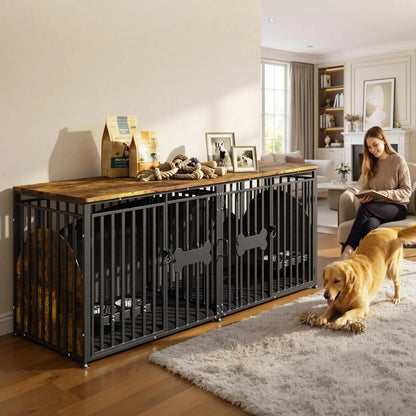 LITTLE HAVEN Heavy Duty Double Dog Crate TV Stand - Indestructible Wooden Indoor Pet House for Large Dogs with Calming Felt & Feeding Station