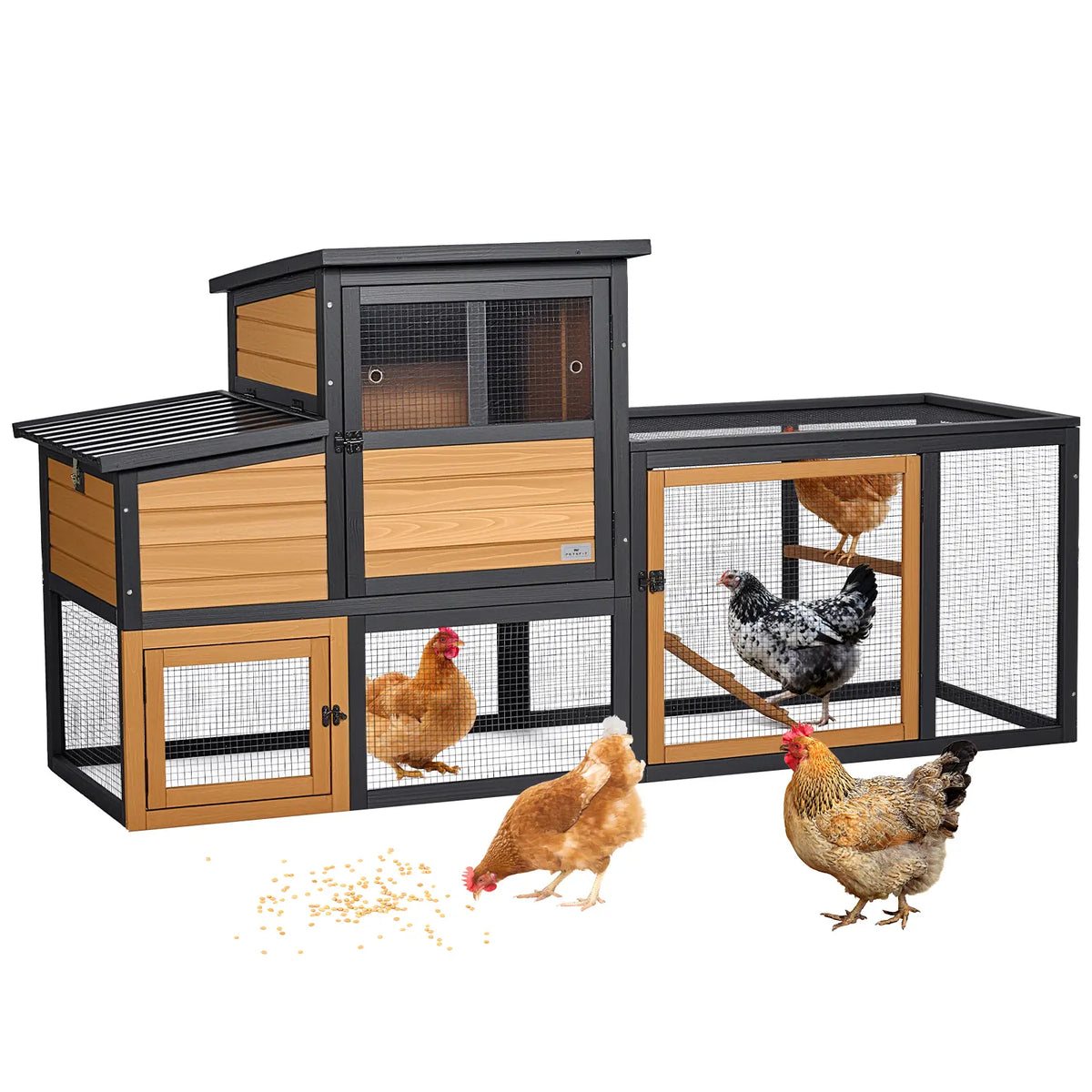 PETSFIT Wooden Chicken Coop for 2-4 Chickens, Backyard Coop with Run, 2 Nesting Boxes and 2 Roost Bars,Pvc Windows, Easy-Clean 3-Door Access,Weather-Resistant PVC Roof, 6 Ground Stakes