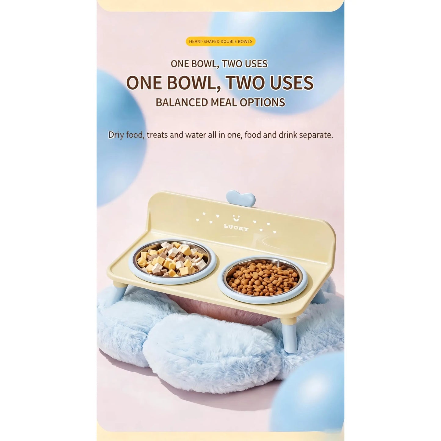 Macaron Color Heart-Shaped Elevated Pet Bowls, Anti-Spill Stainless Steel Food Bowl Set, Universal Cat Dog Feeding Bowl