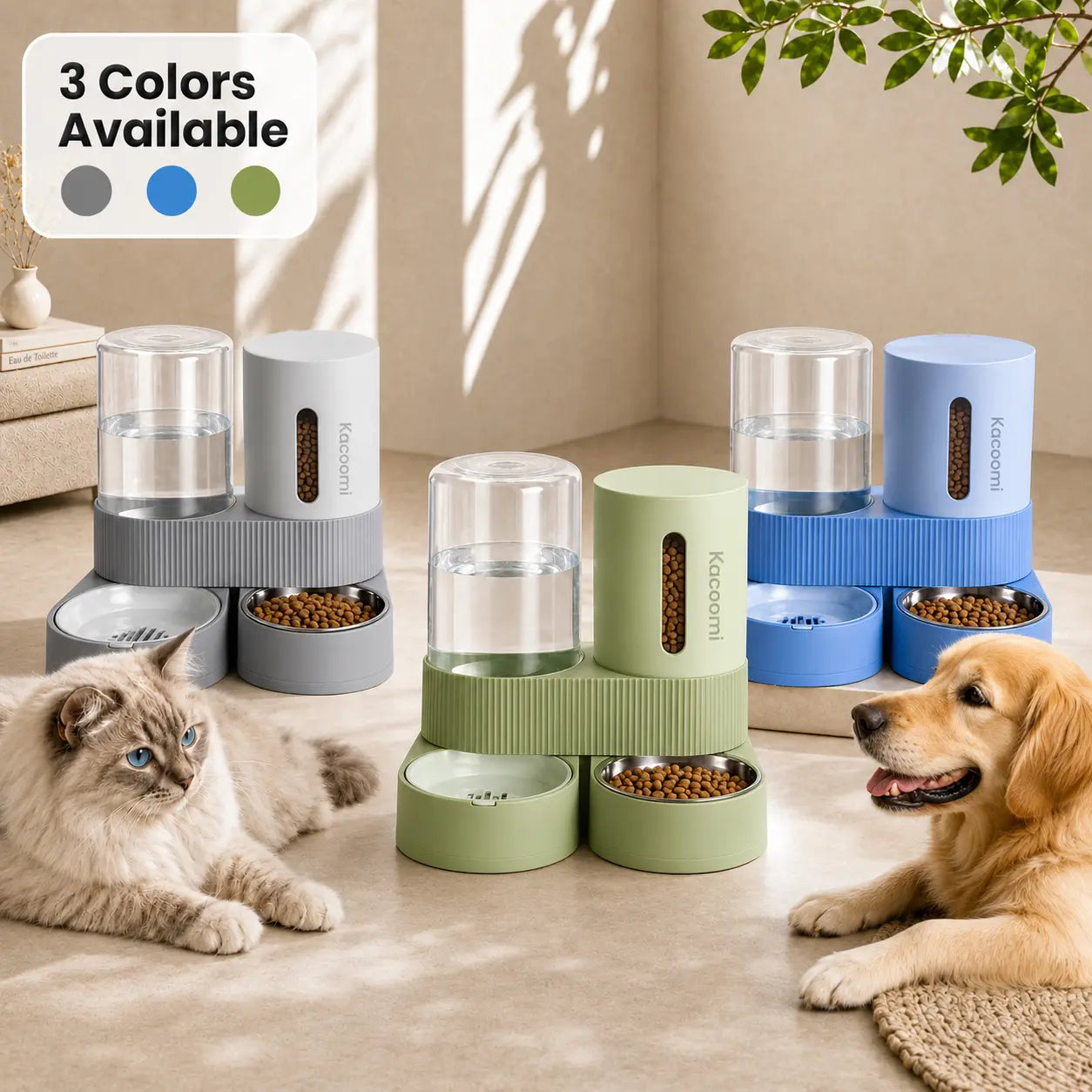Kacoomi 2-Pack Gravity Food Feeders and Water Dispenser Set for Cats, Large-Capacity with Stainless Steel Bowl for Small Dogs