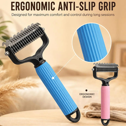 Dual-Sides Stainless Steel Dematting Slicker Comb for Cats & Dogs, Undercoat Rake Grooming Tool for Thick/Long Hair, Dematt & Remove Tangles Knots Loose Fur, Reduces Shedding