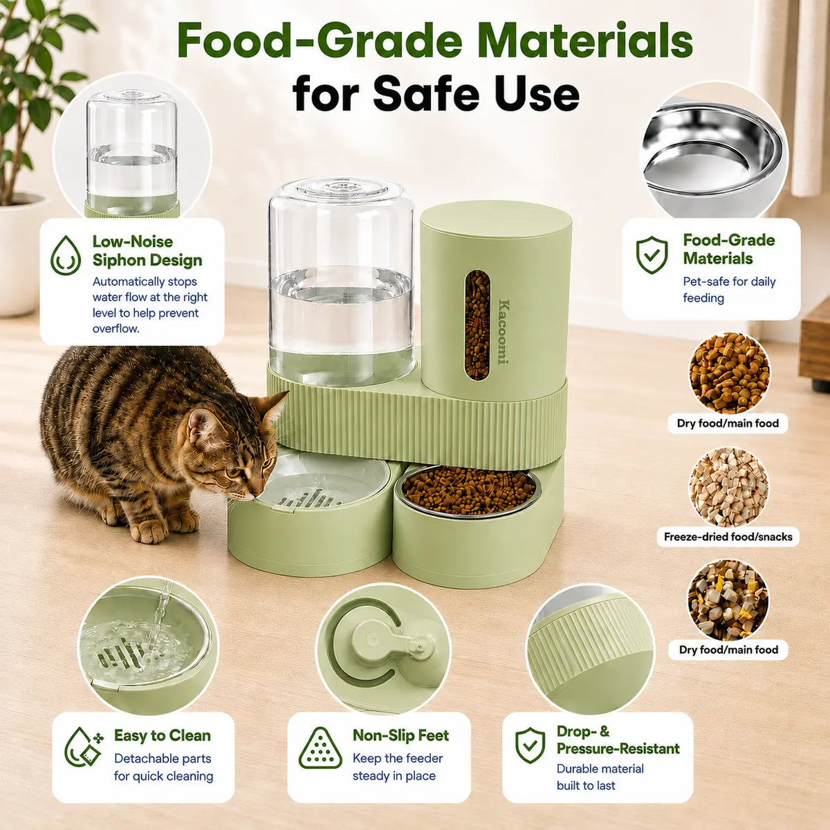 Kacoomi 2-Pack Gravity Food Feeders and Water Dispenser Set for Cats, Large-Capacity with Stainless Steel Bowl for Small Dogs