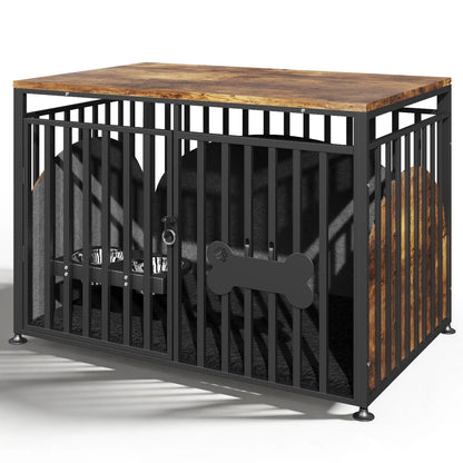 LITTLE HAVEN Heavy Duty Double Dog Crate TV Stand - Indestructible Wooden Indoor Pet House for Large Dogs with Calming Felt & Feeding Station