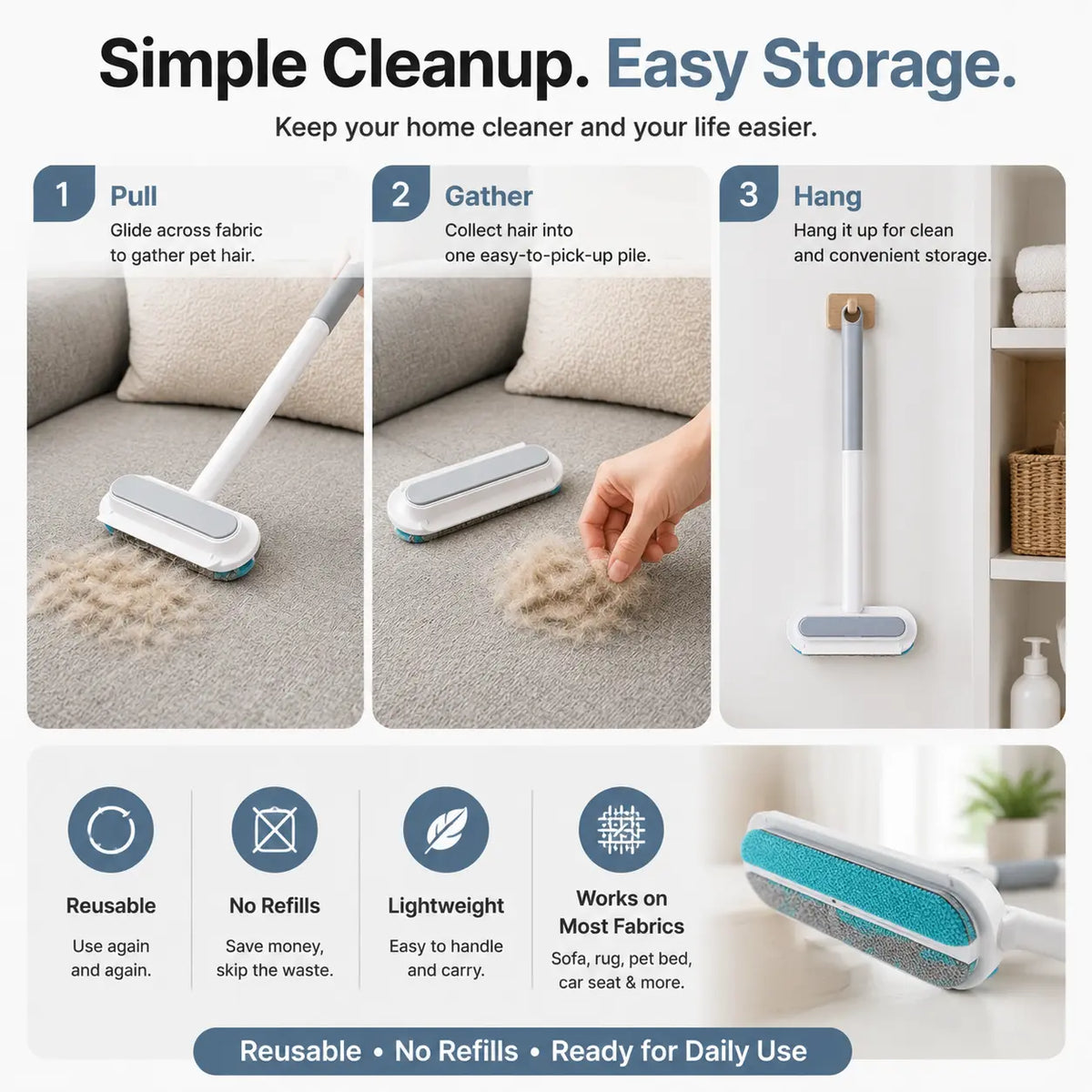 Revolutionary Manual Long-Handle Pet Hair Remover Brush - Effortlessly Clean Dog & Cat Hair from Any Fabric Surface!
