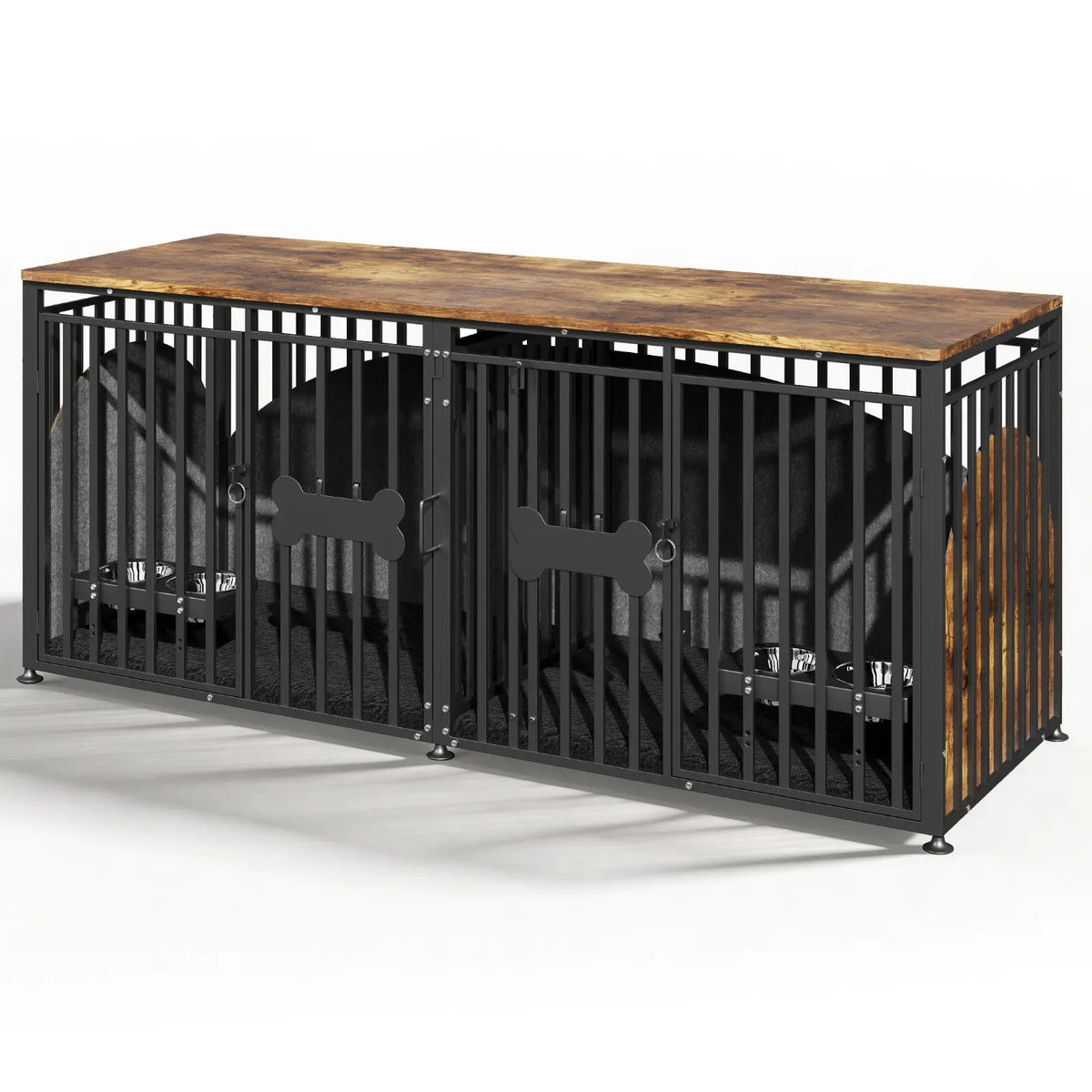LITTLE HAVEN Heavy Duty Double Dog Crate TV Stand - Indestructible Wooden Indoor Pet House for Large Dogs with Calming Felt & Feeding Station