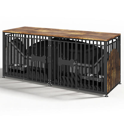 LITTLE HAVEN Heavy Duty Double Dog Crate TV Stand - Indestructible Wooden Indoor Pet House for Large Dogs with Calming Felt & Feeding Station