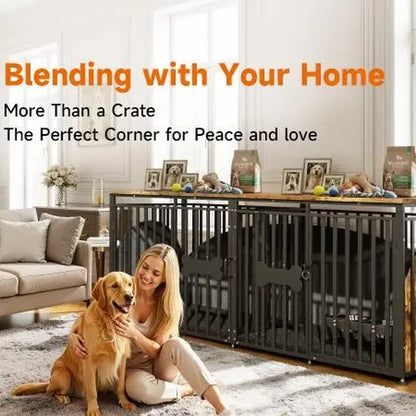 LITTLE HAVEN Heavy Duty Double Dog Crate TV Stand - Indestructible Wooden Indoor Pet House for Large Dogs with Calming Felt & Feeding Station