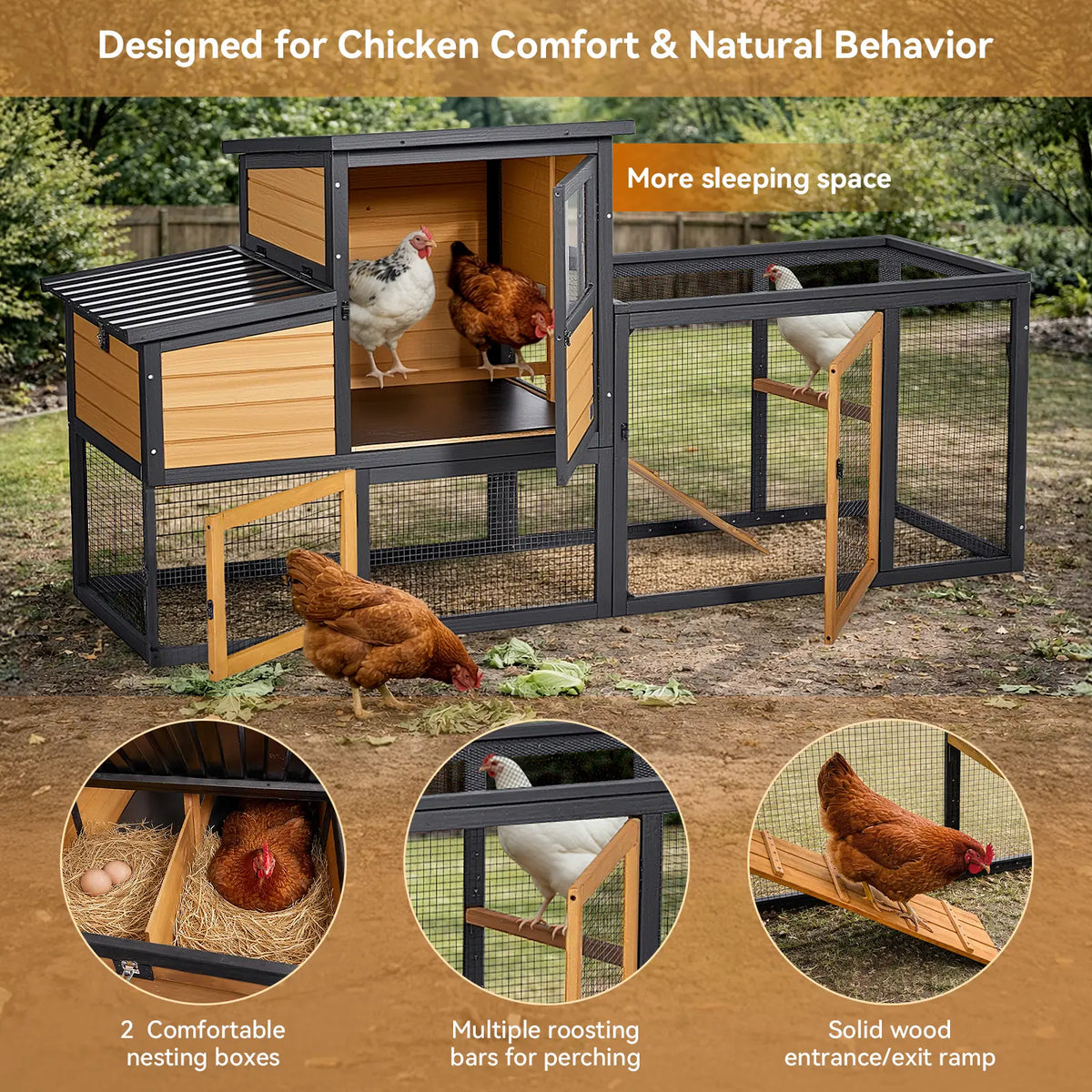 PETSFIT Wooden Chicken Coop for 2-4 Chickens, Backyard Coop with Run, 2 Nesting Boxes and 2 Roost Bars,Pvc Windows, Easy-Clean 3-Door Access,Weather-Resistant PVC Roof, 6 Ground Stakes