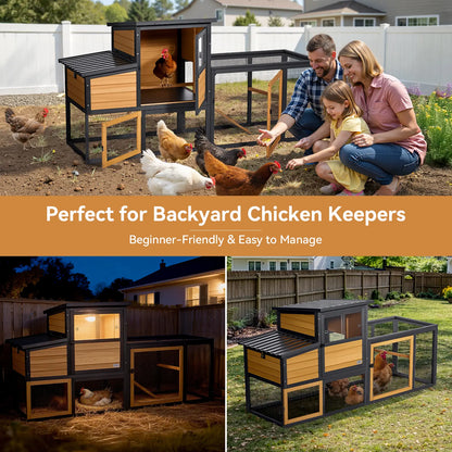 PETSFIT Wooden Chicken Coop for 2-4 Chickens, Backyard Coop with Run, 2 Nesting Boxes and 2 Roost Bars,Pvc Windows, Easy-Clean 3-Door Access,Weather-Resistant PVC Roof, 6 Ground Stakes