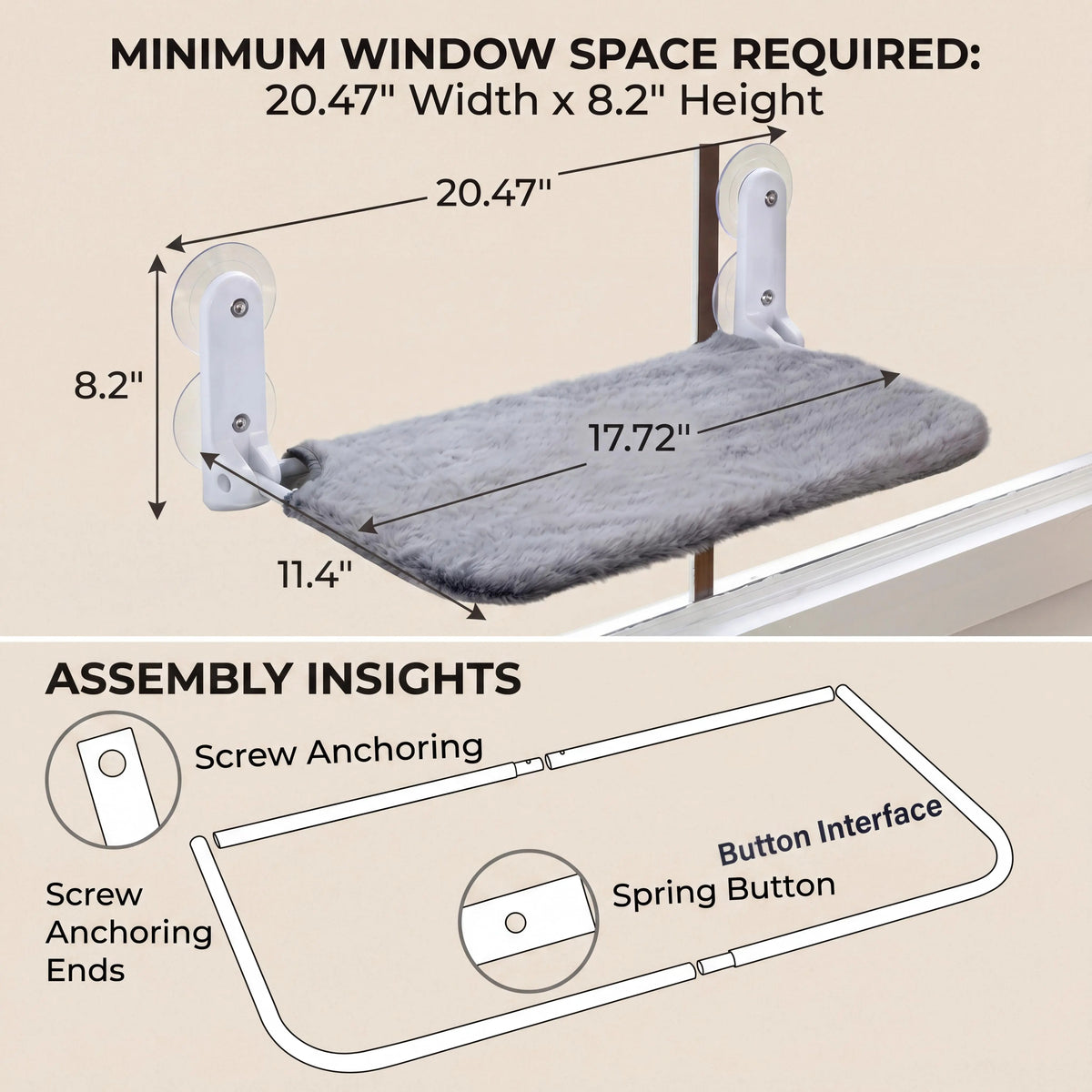Sturdy Metal Frame Cat Hammock for Window, Folding, Cordless, Machine Washable Cat Bed, Strong Suction Cups, Cat Window Perch for Indoor Cats