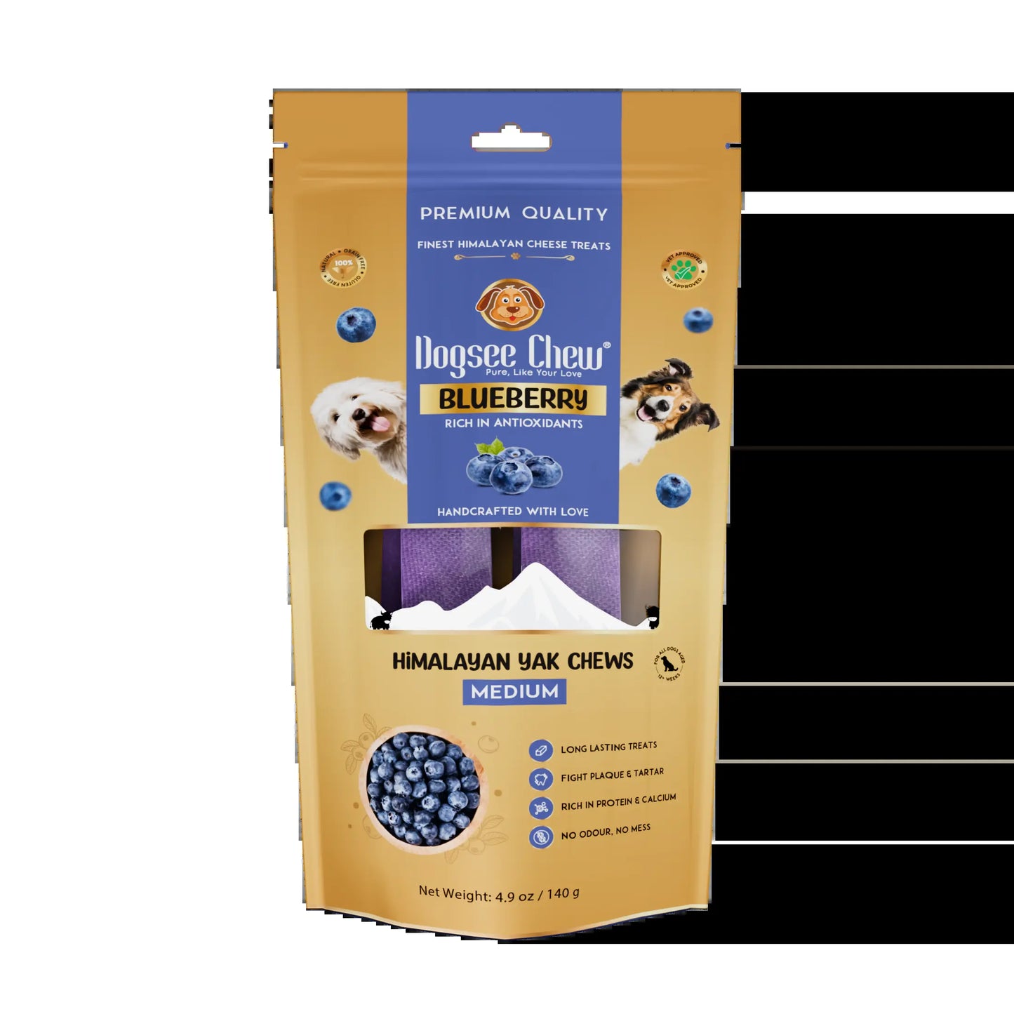 Dogsee Himalayan Yak Cheese Dental Treats - Natural Blueberry Flavor, Medium, 2 Count, 60% Protein, Gluten-Free, Fruit-Infused, Clean Teeth, Antioxidants, Immunity Boost, Grain & Rawhide-Free, All-Age Dog Treats