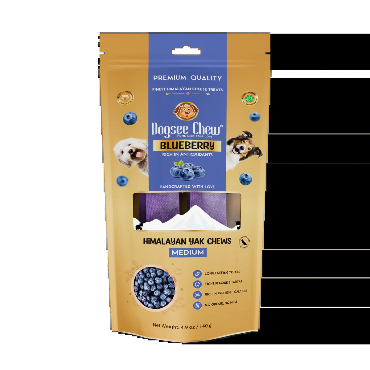 Dogsee Himalayan Yak Cheese Dental Treats - Natural Blueberry Flavor, Medium, 2 Count, 60% Protein, Gluten-Free, Fruit-Infused, Clean Teeth, Antioxidants, Immunity Boost, Grain & Rawhide-Free, All-Age Dog Treats